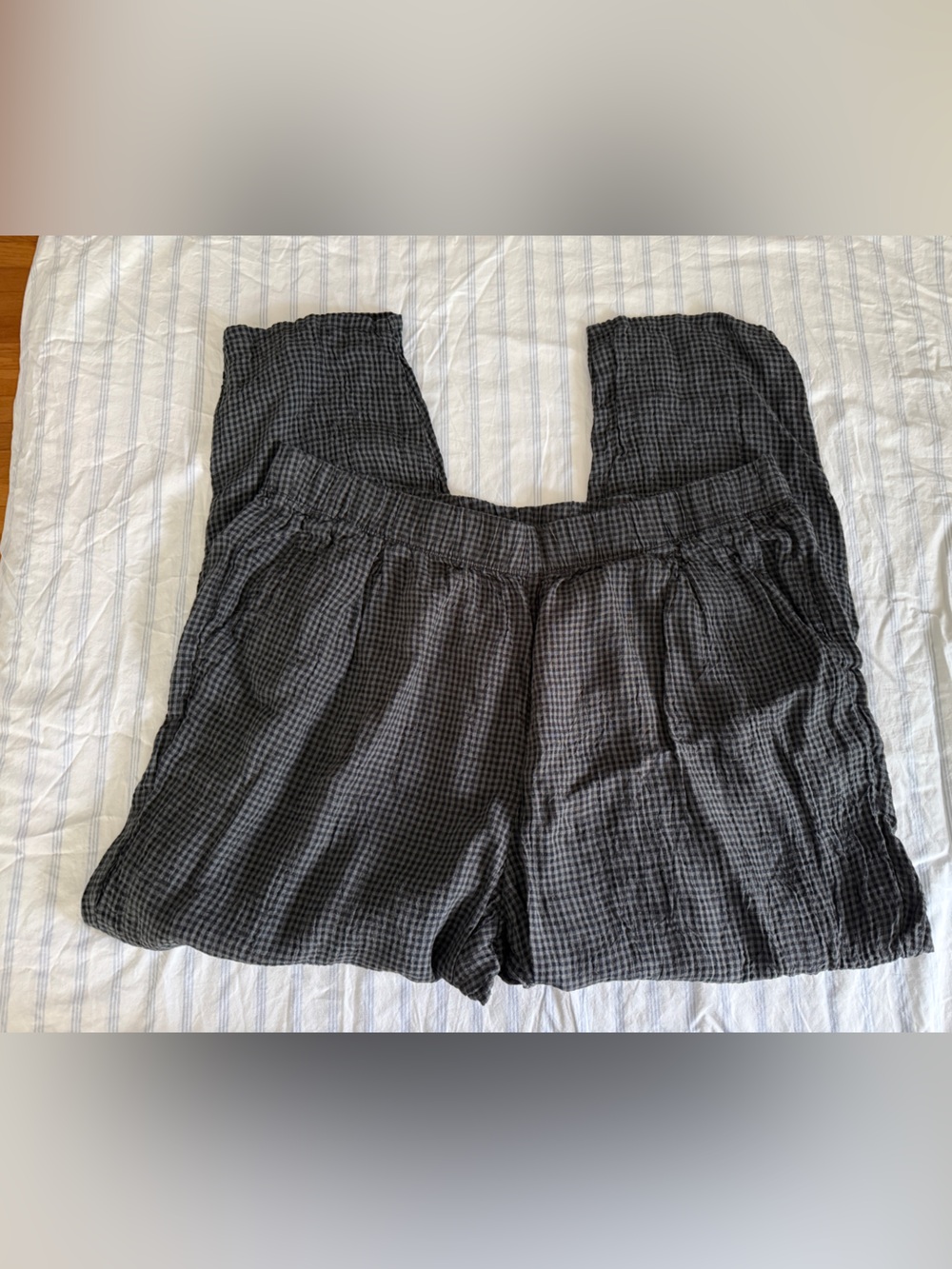 Eileen Fisher Black and Gray Gingham /  Micro-Check Pull-On Linen Pants